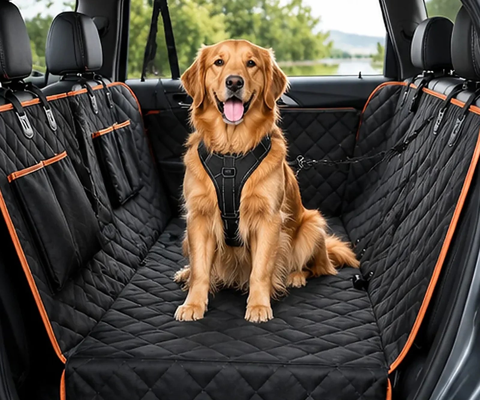 Perro sentado sobre la funda, que cubre asiento, respaldo y laterales de las puertas